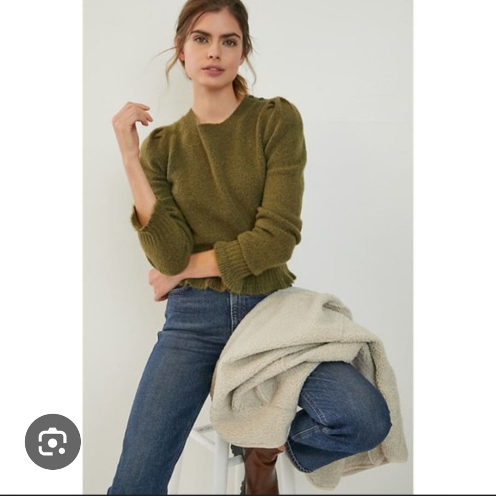 Anthropologie Drea Olive Alpaca Blend Puff Sleeve Ruffle Sweater